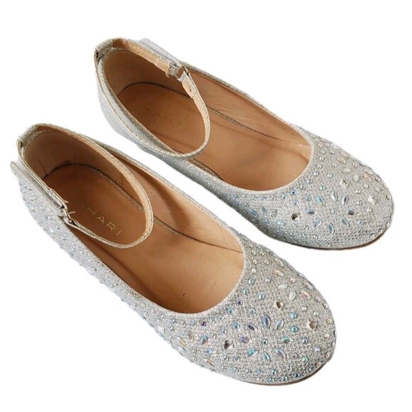 Tahari Girl Dress Shoes Sz 3 Rhinestones Silver Sparkle Heels Ankle Strap‎ - Picture 1 of 9